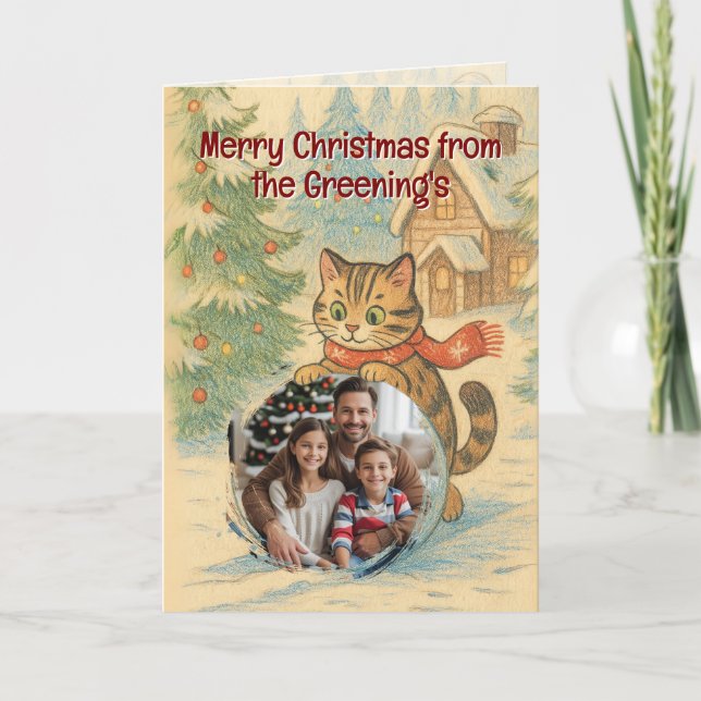 Tarjeta de saludo para Navidades familiares y gato (Anverso)