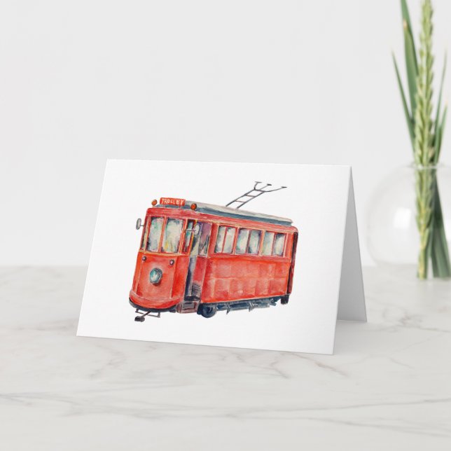 Tarjeta de saludo para vagones de tranvía rojo acu (Anverso)
