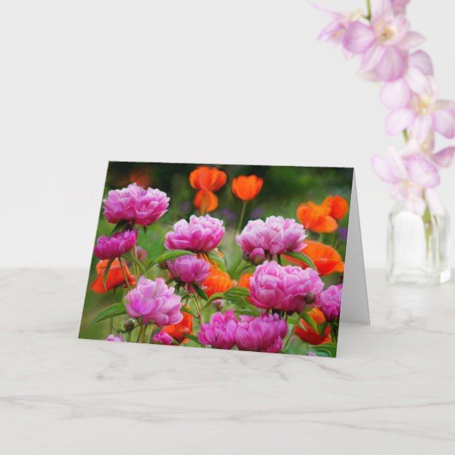 Tarjeta de saludo - Peonies rosados y Naranja Popp (Orquídea)