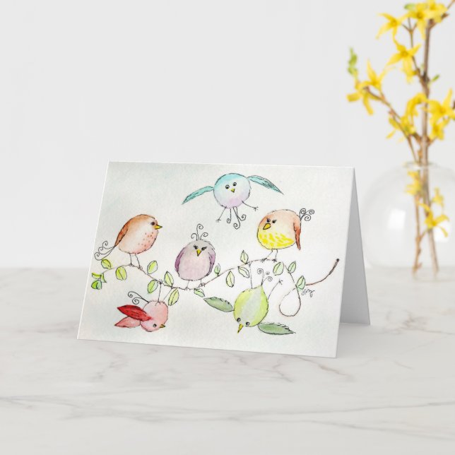 Tarjeta de saludo - Pequeños pájaros tontos (flor amarilla)