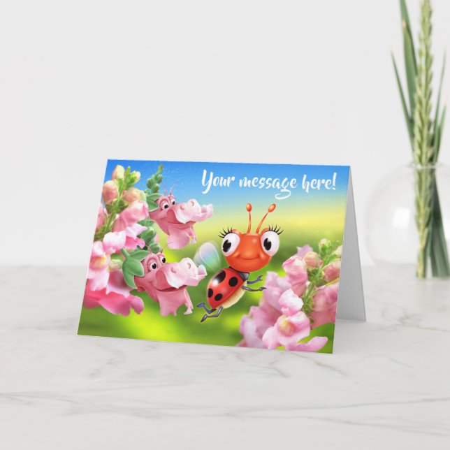 Tarjeta de saludo personalizado Ladybug y flores a (Anverso)