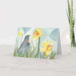 Tarjeta de saludo; Petirrojo americano y Narciso;