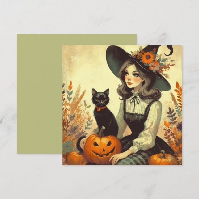Tarjeta de saludo plana retro Halloween Bruja y ne (Anverso / Reverso)