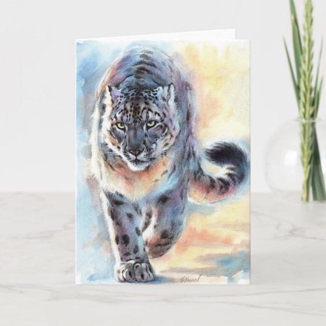 Tarjeta de saludo plegado Leopardo de la nieve Art (Anverso)