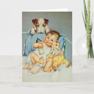 Tarjeta De Saludo Retro Baby And Puppy