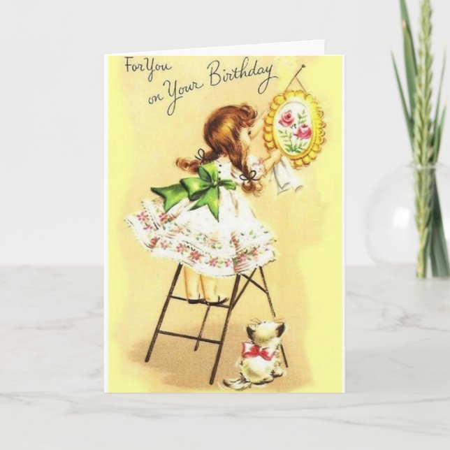 Tarjeta De Saludo Retro Chica Y Kitten Birthday (Anverso)