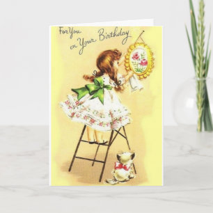 Tarjeta De Saludo Retro Chica Y Kitten Birthday