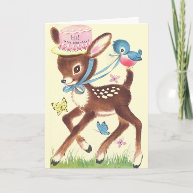 Tarjeta De Saludo Retro Deer And Blue Bird Birday (Anverso)