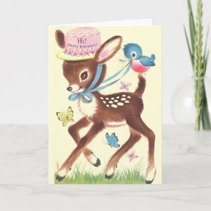 Tarjeta De Saludo Retro Deer And Blue Bird Birday
