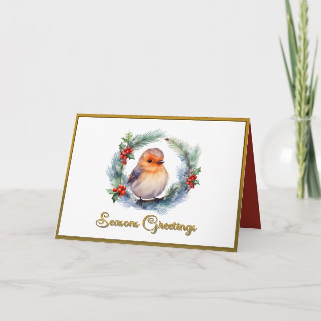 Tarjeta de saludo Robin Floral Wreath para navidad (Anverso)