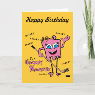 Tarjeta de saludo rosa de hockey Monster
