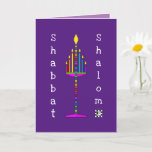 Tarjeta de saludo Shabbat Shalom Menorah<br><div class="desc">Esta menorah,  muy colorida y divertida,  está iluminada y canta su mensaje de felicidad. La tarjeta interior con área de fecha está bordeada y coordinada para su placer de escribir. ¡Shabbat Shalom! ~ karyn</div>