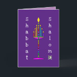 Tarjeta de saludo Shabbat Shalom Menorah<br><div class="desc">Esta menorah,  muy colorida y divertida,  está iluminada y canta su mensaje de felicidad. La tarjeta interior con área de fecha está bordeada y coordinada para su placer de escribir. ¡Shabbat Shalom! ~ karyn</div>