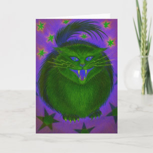 Tarjeta de saludo verde de gato asustado