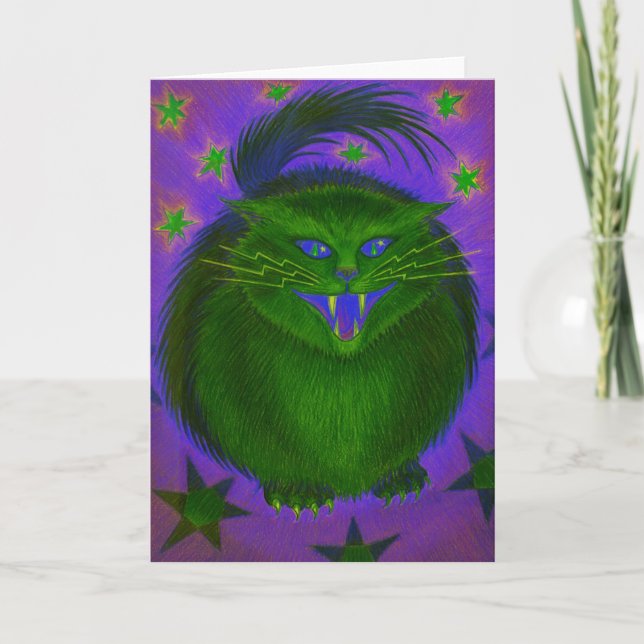 Tarjeta de saludo verde de gato asustado (Anverso)