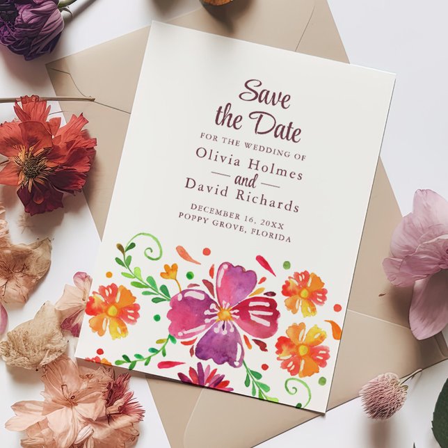 Tarjeta de salvación de fecha de Fiesta Floral Mex (Colorful Mexican Floral Fiesta Save the Date Card on a table full with colorful flowers.)