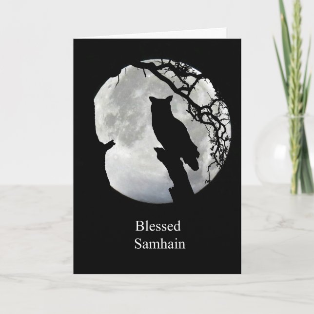 Tarjeta de Samhain con Búho y Luna Sabbat (Anverso)