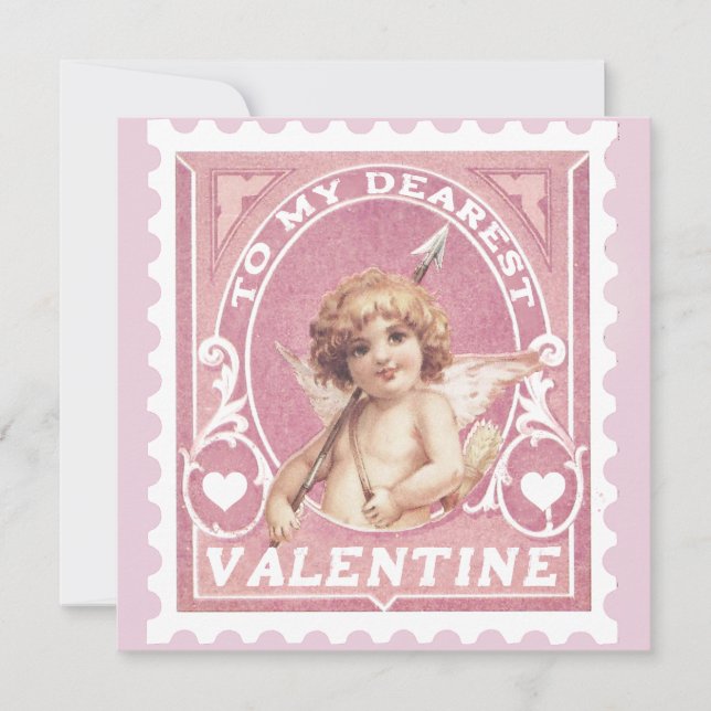 Tarjeta de San Valentín Cupido Rosa Sello Día de S (Anverso)