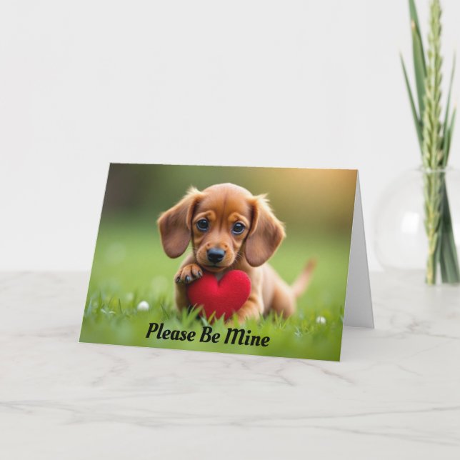 Tarjeta de San Valentín de cachorro sosteniendo un (Anverso)