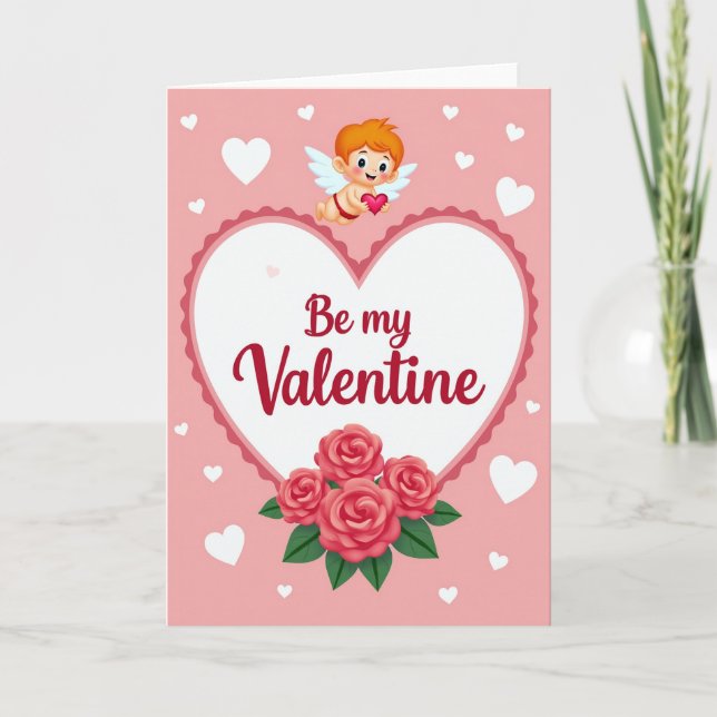 Tarjeta de San Valentín de Cupido Rosas de Amor (Anverso)
