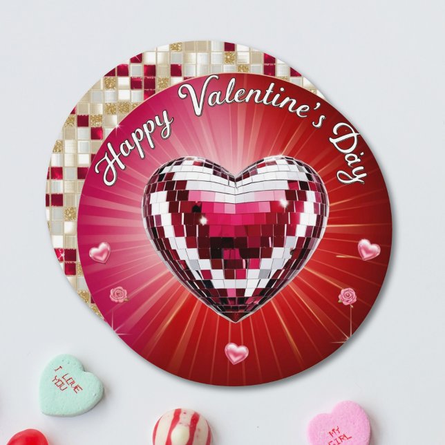 Tarjeta de San Valentín de disco personalizado red (Round Personalized Disco Valentine's Card)