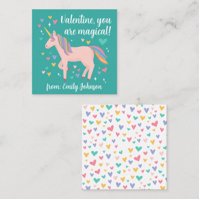 Tarjeta de San Valentín de niños de Unicornio mági (Anverso / Reverso)