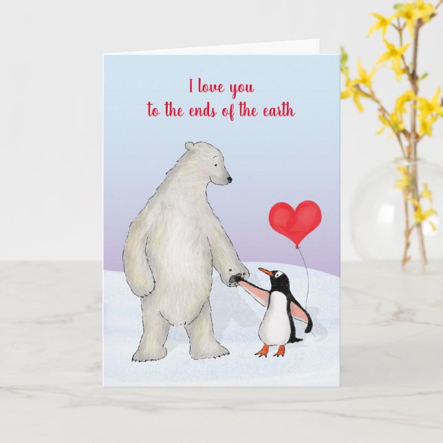 Tarjeta de San Valentín de oso polar y pingüino (flor amarilla)