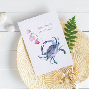 Tarjeta de San Valentín de playa con cangrejo azul