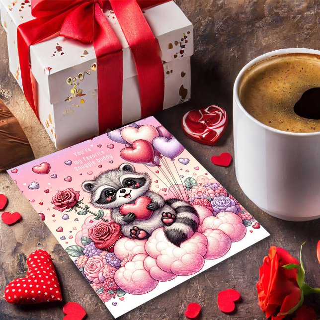Tarjeta de San Valentín de Raccoon Rosa y corazón (Subido por el creador)