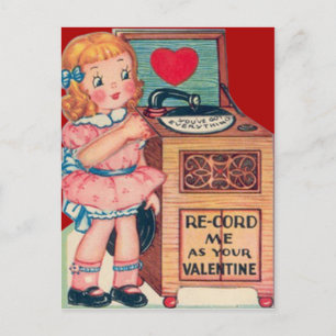 Tarjeta de San Valentín de tocadiscos de niña retr