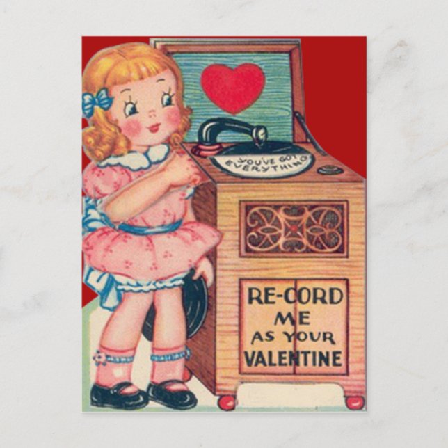 Tarjeta de San Valentín de tocadiscos de niña retr (Anverso)