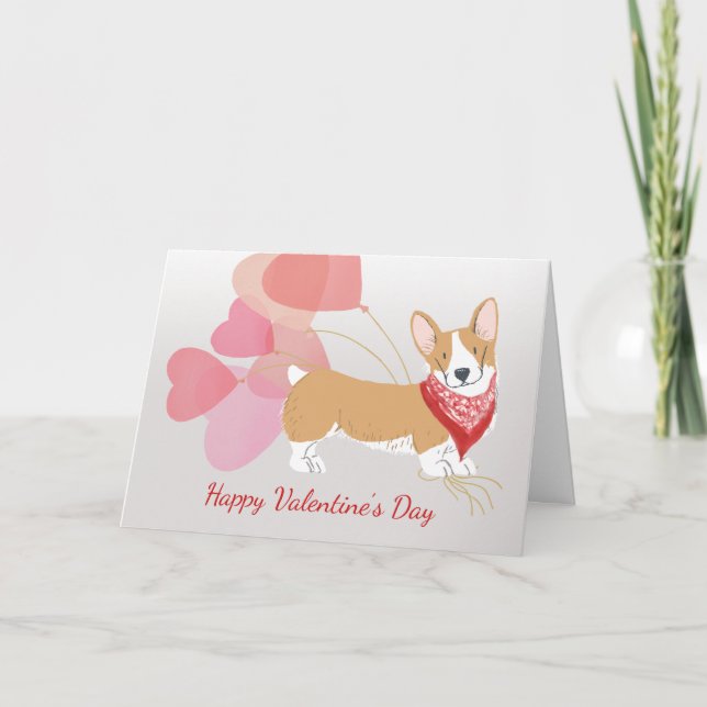 Tarjeta de San Valentín del perro Corgi con globos (Anverso)