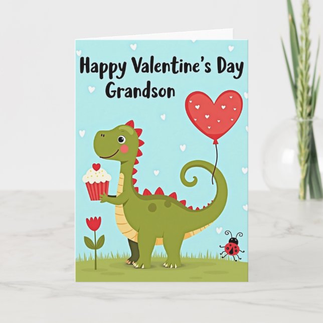 Tarjeta de San Valentín para nieto con dinosaurio  (Anverso)