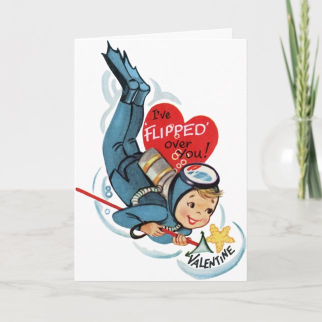 Tarjeta de San Valentín Retro Cute Scuba Diver (Anverso)