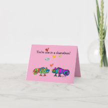 Tarjeta de San Valentín rosa de dos camaleones de