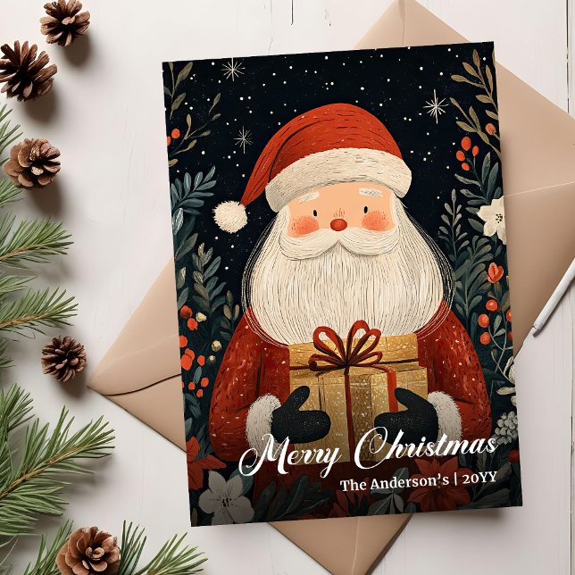 Tarjeta de Santa de Navidad nostálgica con encanto (Nostalgic Christmas Santa card elegant folk charm)
