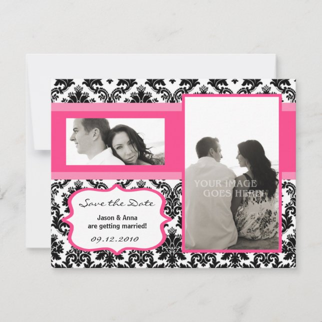 Tarjeta de "Save the Date" 4x5 - Damask Negro y Ro (Anverso)