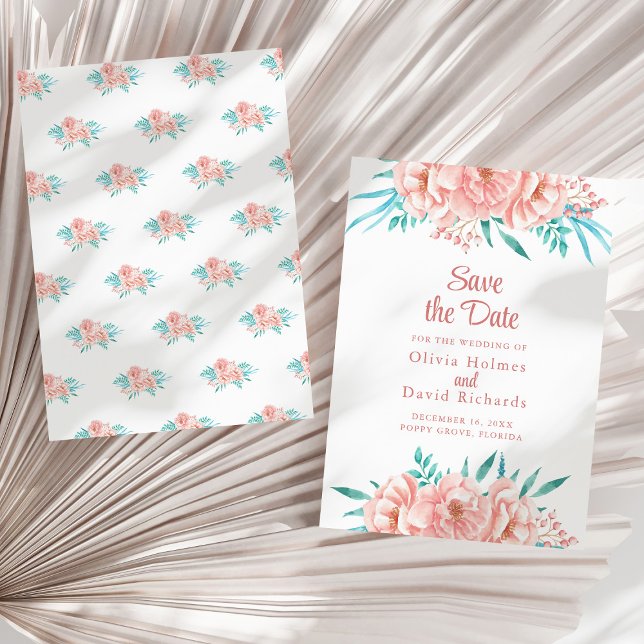 Tarjeta de "Save the Date" de Melocotón y Turquesa (Peach and Turquoise Save the Date Card on a sunny white dry palm leaf.)