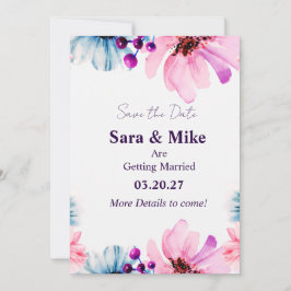 Tarjeta de "Save the Date" Floral Rosa y Azul