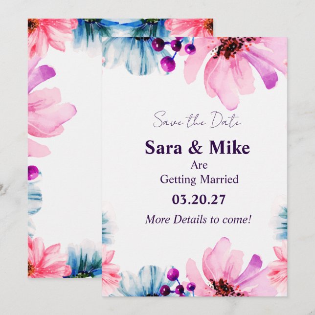 Tarjeta de "Save the Date" Floral Rosa y Azul (Anverso / Reverso)