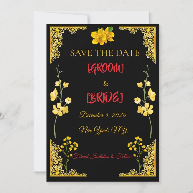 Tarjeta de "Save the Date" Negra y Dorada (Anverso)