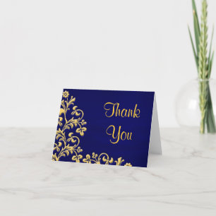Tarjeta de seda azul y dorada de agradecimiento po