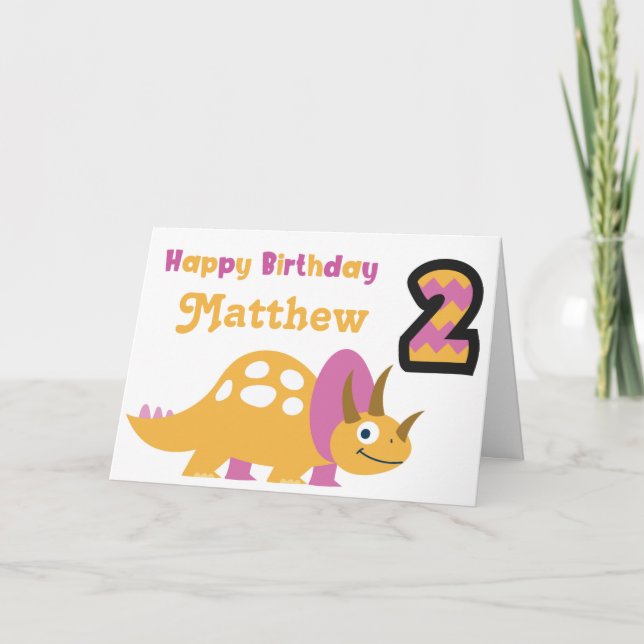 Tarjeta de segundo cumpleaños de dinosaurio amaril (Anverso)
