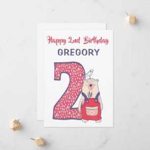 Tarjeta de segundo cumpleaños de oso lindo con nom