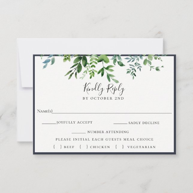 Tarjeta de selección de comida RSVP Foliage Navy W (Anverso)