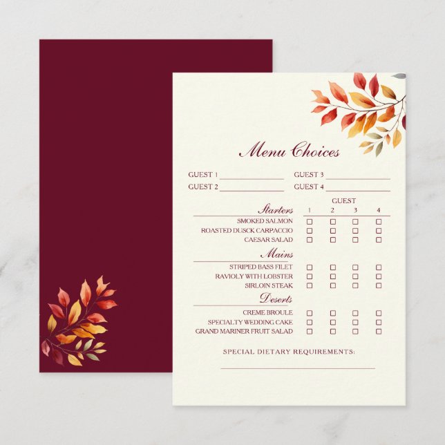 Tarjeta de selección del menú de la boda de la caí (Anverso / Reverso)