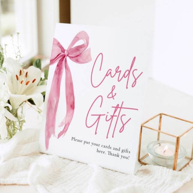 Tarjeta de Señal de Regalos y Lazos Rosados con Ac (Watercolor Blush Pink Bow Cards and Gifts Sign)