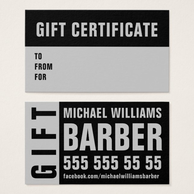 Tarjeta de Sertificación Barber Black Gray Typogra (Anverso y reverso)
