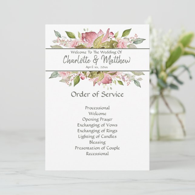 Tarjeta de servicio de ceremonias florales rosas p (Anverso de pie)