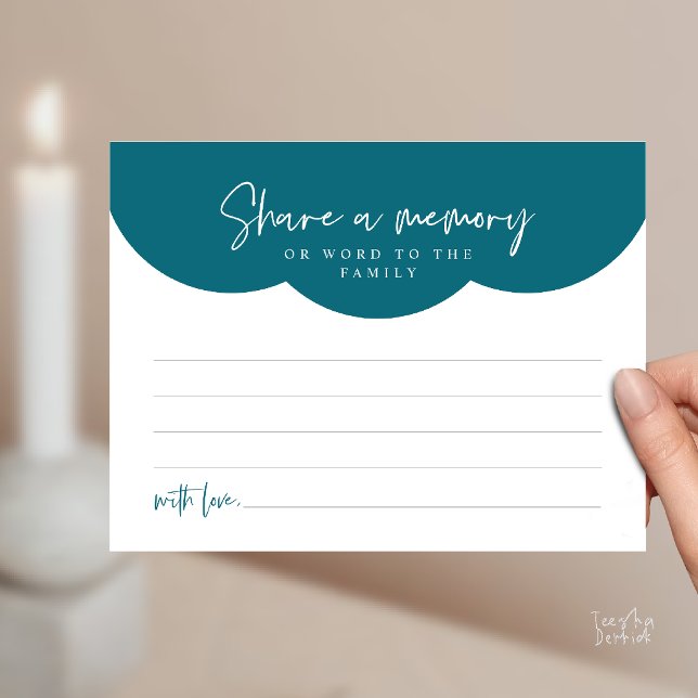 Tarjeta de servicio funerario, comparte un recuerd (Funeral Service, Share a memory or words to the family Memorial Card in Emerald Blue Green)